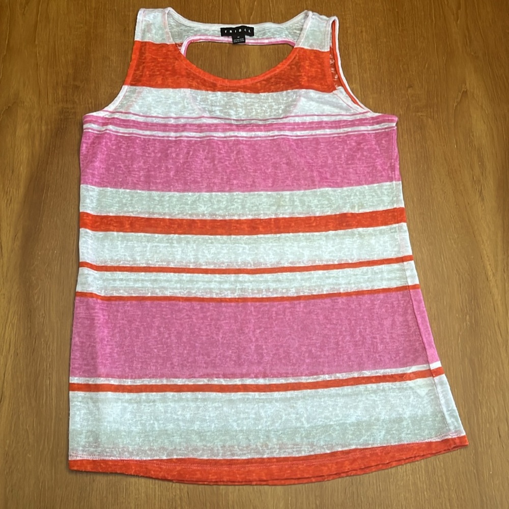 Tribal Peek a Boo Back Knit Tank Top, Multi-Colored Striped, Size M